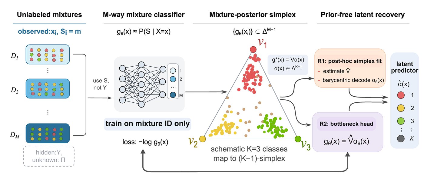 Overview figure for Multiclass Classification without Labels via Posterior Simplex Geometry
